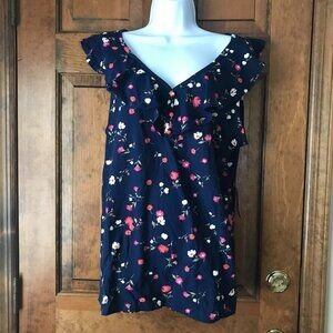 NWT St. John's Bay Navy Blue w/Pink & Ivory Flowers Sleeveless Top X-Large